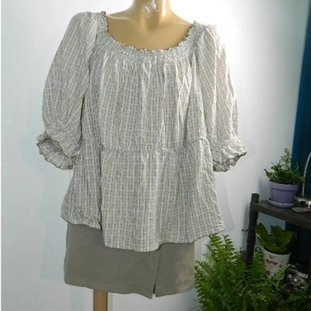 Old Navy Peplum Blouse Womens 2X Cream Plaid Smocked Puff Sleeve Square Neck
